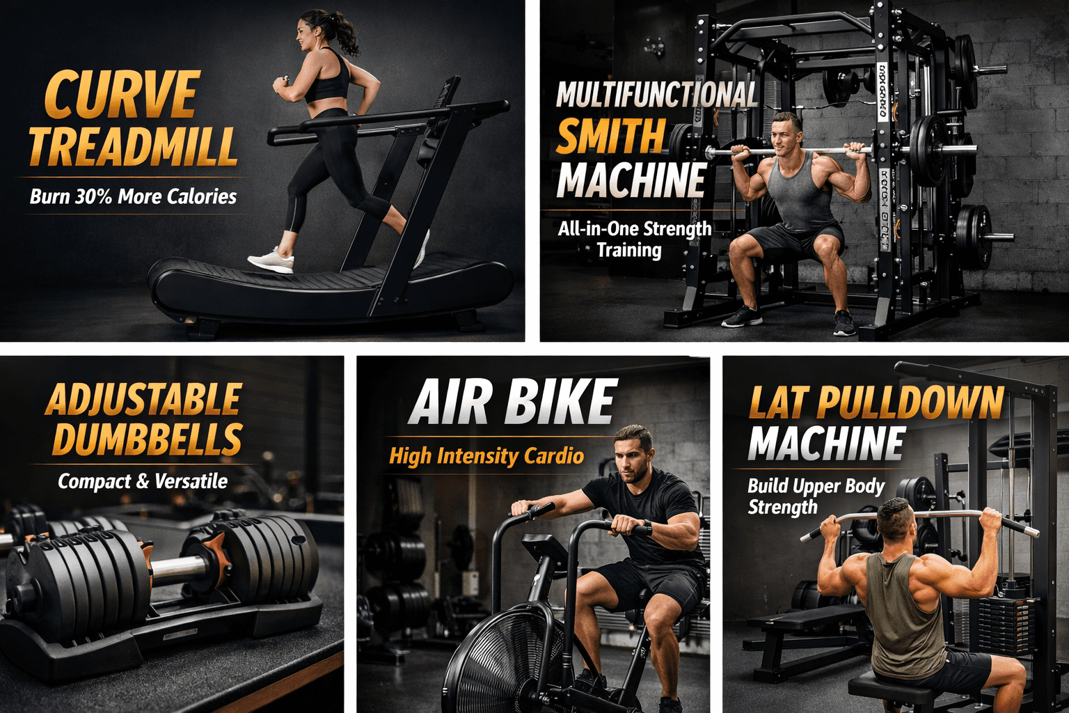 Home gym equipment collection including curve treadmill, multi station, adjustable dumbbells, air bike and lat pulldown machine from The King of Gym Equipment
